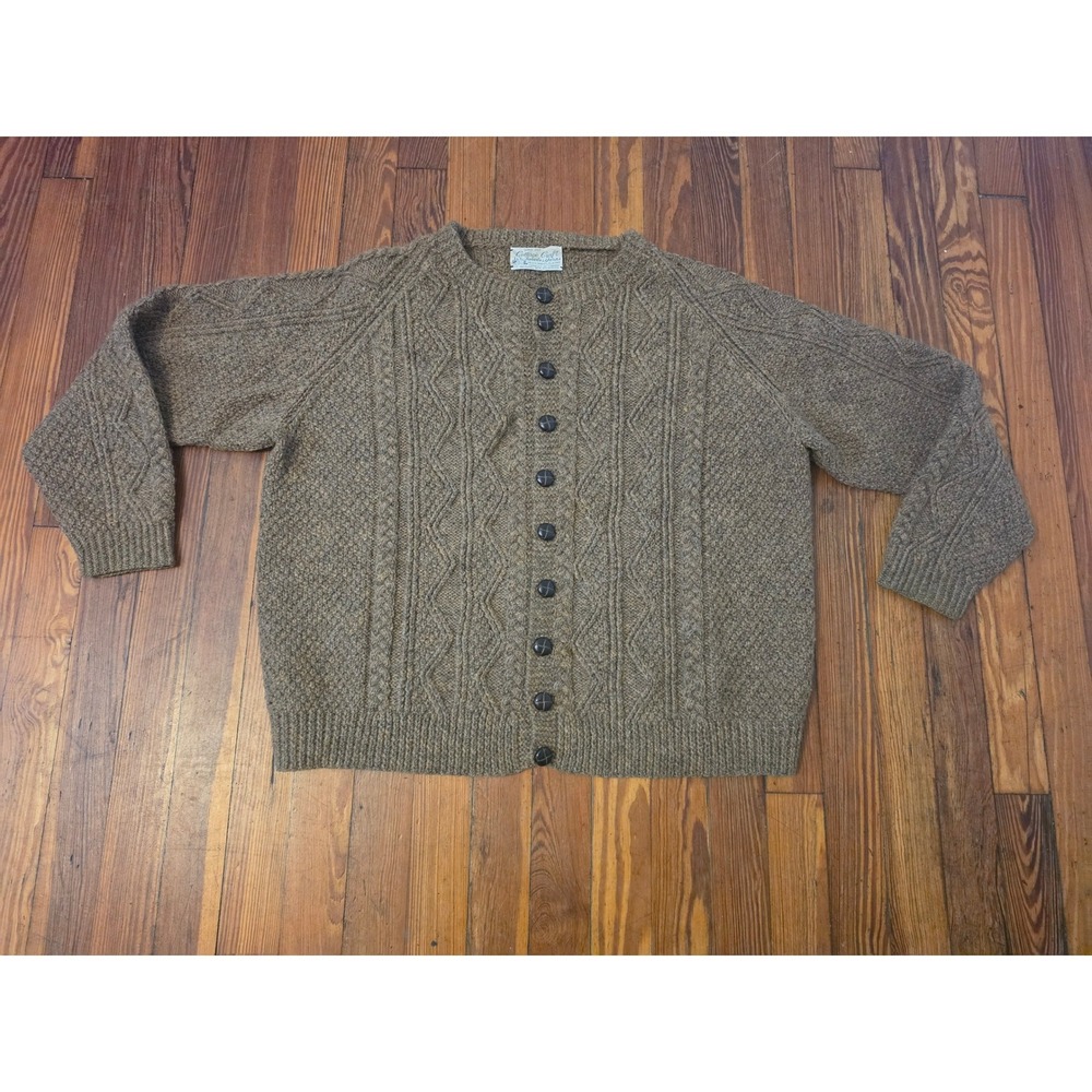 Cottage Craft Hand Knit 50s Wool Cardigan Sweater Brown Tweed Cable Knit Womens